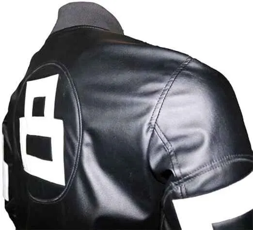 8 Ball Pool Bomber Jacket- Faux Leather Seinfeld David Puddy Eight ball Lettermen Jacket 90's Leather Bomber Jacket Black & White - Image 6