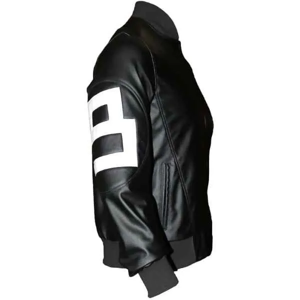 8 Ball Pool Bomber Jacket- Faux Leather Seinfeld David Puddy Eight ball Lettermen Jacket 90's Leather Bomber Jacket Black & White - Image 4