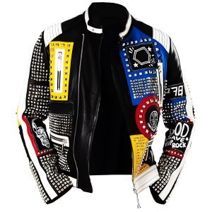 Men's Spike Motorcycle Punk Rock World Studded Retro Multicolor Biker Leather Jacket